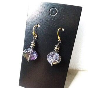 Sexy Iridescent Goth + Beachy! Clam Shells Earrings! Purple Black Glass Beads